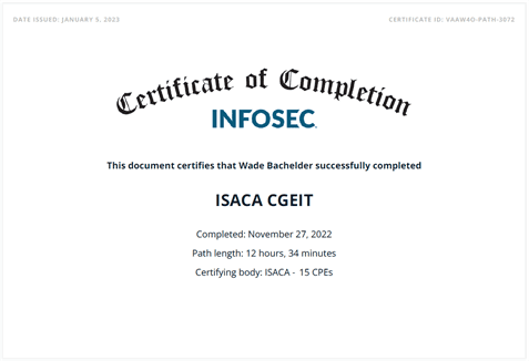 ISACA Certified in the Governance of Enterprise IT (CGEIT) 